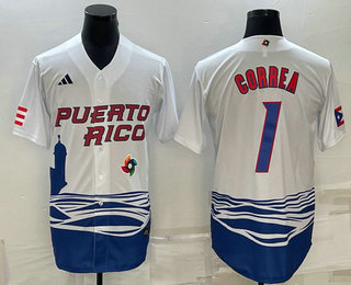 Mens Puerto Rico Baseball #1 Carlos Correa White 2023 World Baseball Classic Stitched Jersey